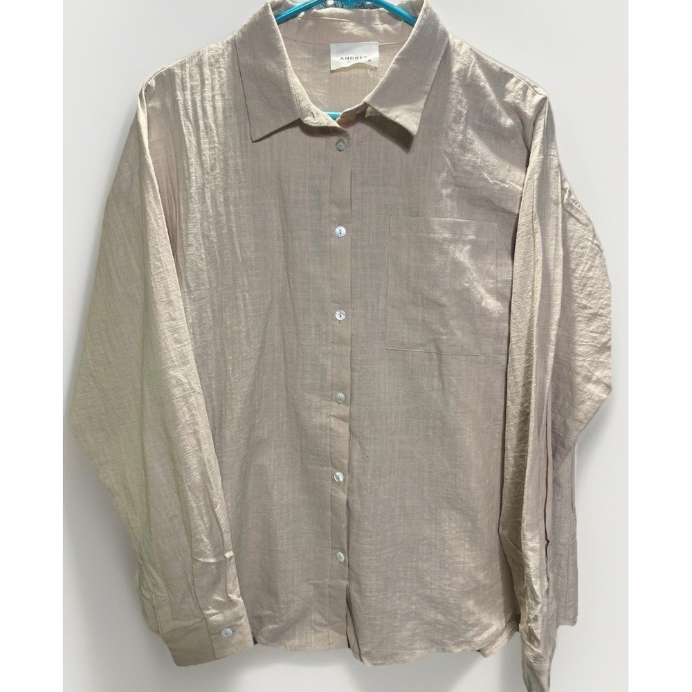 Andree By Unit Womens Button Down Shirt Medium Beige Cotton Casual Long Sleeve